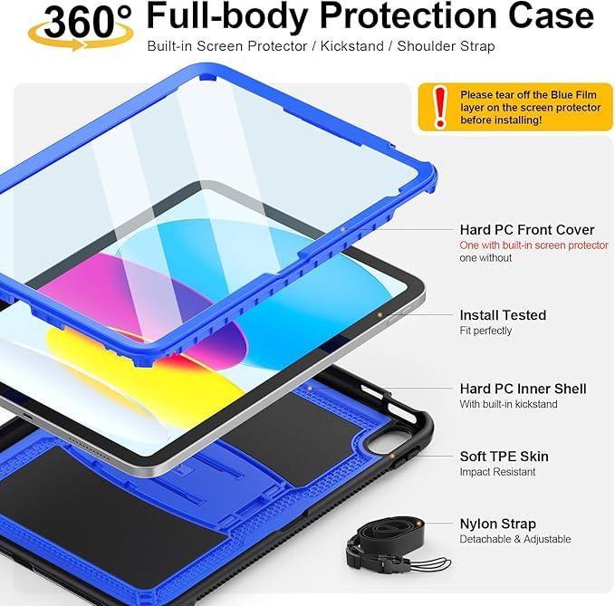 SEYMAC stock Case for iPad (A16) 11th/10th Generation 11''/10.9'' 2025/2022 with Built-in Screen Protector Shoulder Strap Built-in Kickstand Rugged Full Body Shockproof Protective Case Blue