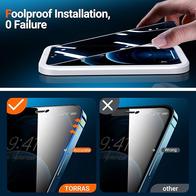 TORRAS Stealth iPhone 12 Pro Max Privacy Screen Protector with Optimal 25° Anti Spy Angle [Anti-Glare] Shatterproof Tempered Glass EasyAlign Installation 2 Pack