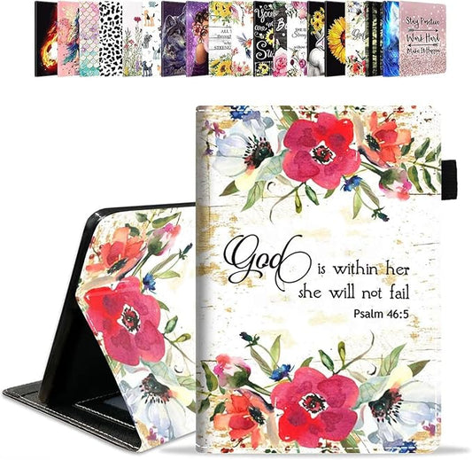 Case for Amazon Kindle Fire HD 10 &amp 10 Plus Tablet 10.1 (13th/11th Generation 2023/2021 Release) - PU Leather Folio Case with Smart Auto Wake/Sleep Floral Quote Bible Verse Psalm 46:5