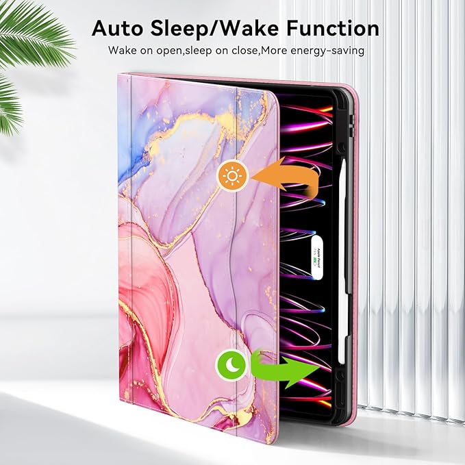 Case for New iPad Pro 12.9 inch 6th/5th/4th/3rd Generation 2022/2021/2020/2018 12.9'' ipad Pro Leather Folio Protective Cover 6/5/4/3 Gen with Pencil Holder Auto Wake/Sleep Marble Pink