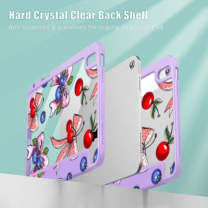 Tuiklol for 2025 iPad (A16 Chip) 11th Generation 11 inch/iPad 10th Gen 10.9 inch 2022 Case Buit in Pencil Holder with Clear Back Shell Cover Trifold Stand Auto Wake/SleepBerries Ribbons Purple