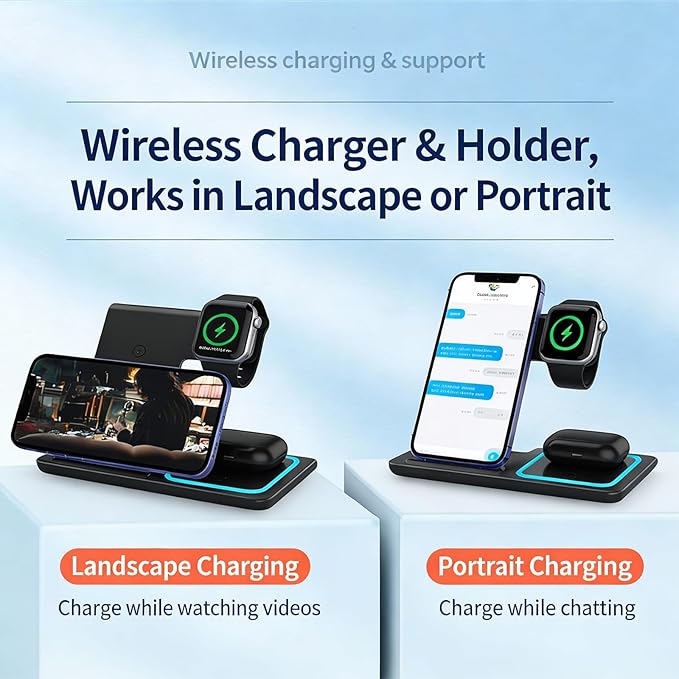 3-in-1 Foldable Wireless Charger with Night Light - 15W Fast Wireless Charger for Simultaneous Charging of Phone Watch &amp Earbuds Compatible with All Qi-Certified DevicesX455 Black.