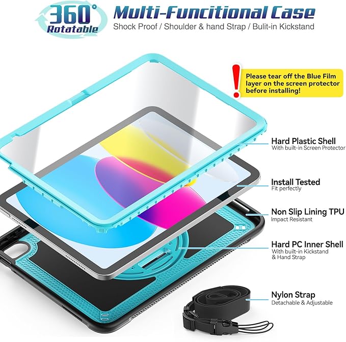 SEYMAC stock Case for iPad A16 11-inch Case 2025/ for iPad 11th/ 10th Generation 10.9'' 2022 Protective with Screen Protector Pen Holder Rotate Stand Loop Nylon Hand Strap Shoulder Strap Cyan
