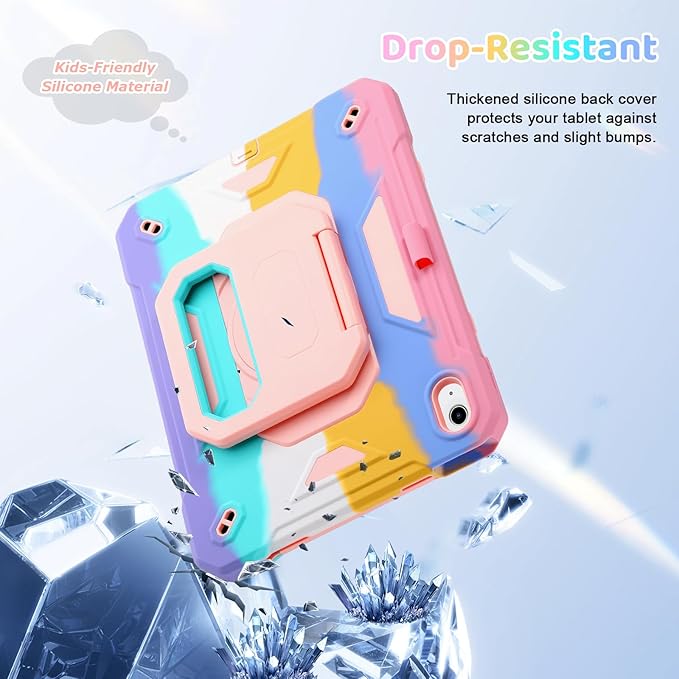 Case for iPad (A16) 2025 11th Gen 10.9'' iPad 10th Generation 2022 10.9'' with Tempered Glass Screen Protector Rugged Kid Case with Shoulder Strap/Pencil Holder/Folding Stand (Rainbow)