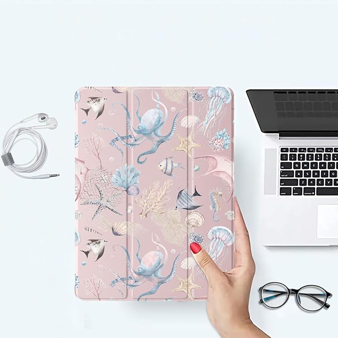 Colorful Underwater World Case for iPad 9th/8th/7th Generation 10.2 (2021/2020/2019 Release) Aesthetic Pink CasePencil Holder &amp Clear Soft TPU Back &amp Trifold Stand Cover for Women