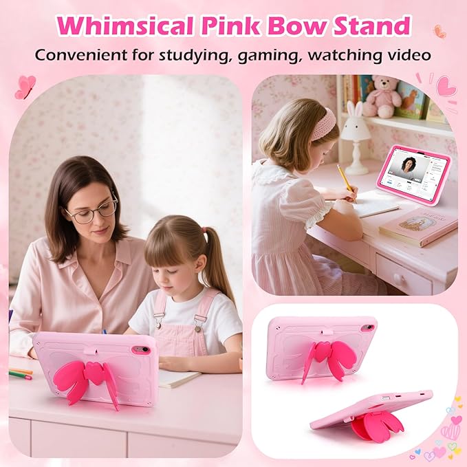 VOFUOE for iPad A16 Case 11th Generation 2025 11 Inch for iPad 10th Generation Case 2022 10.9 Inch for Kids Girls with Sweet Bow Stand Shoulder Strap Pencil Holder Hard Cover-Pink &ampHot Pink Bow
