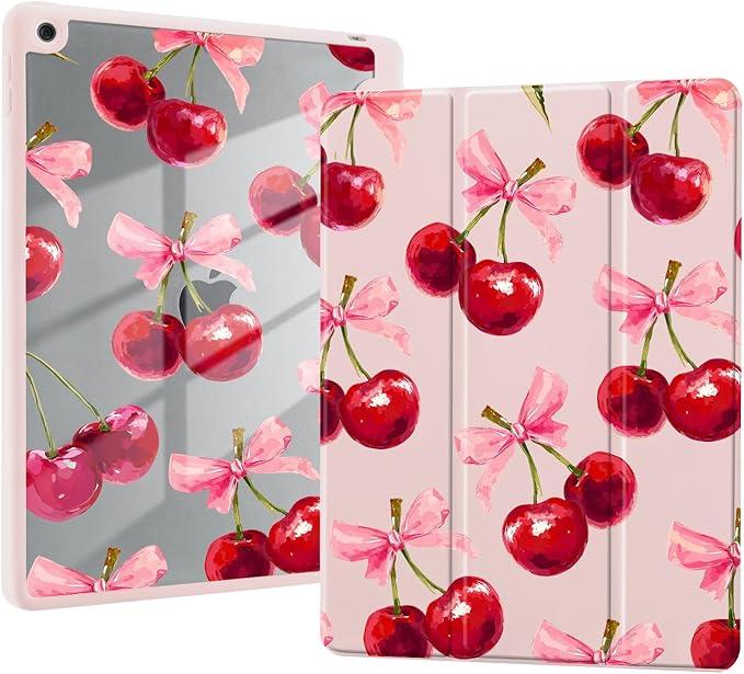 Lovely Cherry Case for iPad mini 7 (A17 Pro) 2024 / iPad mini 6 2021 8.3 Inch with Pencil Holder Cute Bow Girly Pink Leather Clear Back Shell Foldable Protective Cover
