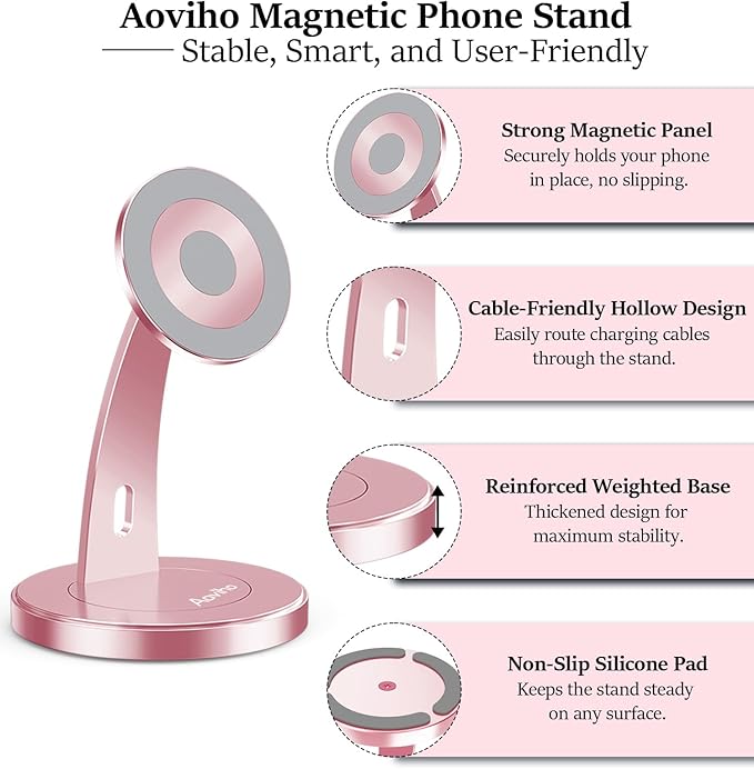 Magnetic Phone Stand for Desk – 360° Rotating Aluminum Phone Holder Stable Desk Stand for Office Home &amp Kitchen Compatible with iPhone 17 Pro Max 16–12 Series and MagSafe Cases Rose Gold