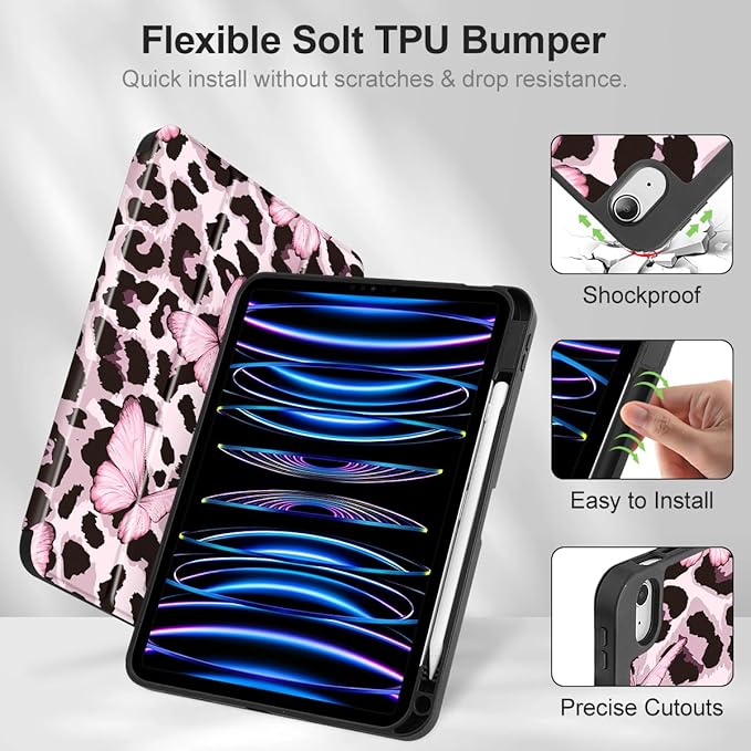 Mektron Case for iPad Air 11 inch (M4 2026 8th /M3 2025 7th /M2 2024 6th) Compatible with iPad Air 10.9 (2022 5th Gen /2020 4th Gen) Tablet Cover Buit in Pencil Holder Leopard Pink Butterfly