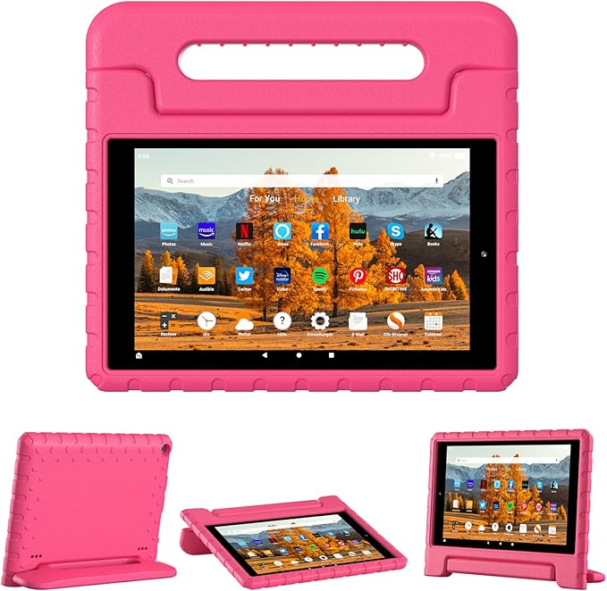 Kids Case for Amazon Kindle Fire HD 10 5th/7th/9th Generation 2015/2017/2019 Released Shockproof Protective Tablet Cases with Adjustable Handle Stand Rosered