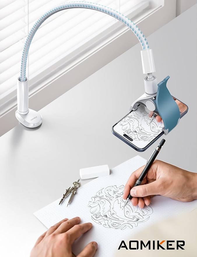 Aomiker Gooseneck Phone Holder for Bed - [Upgrade Nylon Braid] 38” Flexible Lazy Arm Clip 360 Adjustable Overhead Phone Mount for iPhone 16 15 14 13 12 11 Pro Max Mini Plus 4-7 Cellphone - White