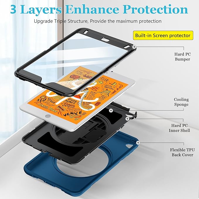 Case for iPad mini 5/4 7.9 INCH: TPU Cover for iPad mini 5th/4th Generation 7.9 Inch 2019/2015 with- Screen Protector- Stand- Handle- Shoulder Strap- Pencil Holder- Blue