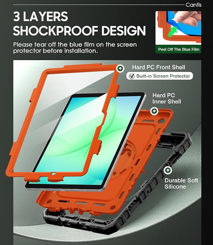 Cantis Case for Samsung Galaxy Tab A11 Plus 11 Inch 2026 (SM-X230/X236/X238) Shockproof Case for Tab A11+ with Screen Protector/Rotating Stand/Pen Holder/Shoulder Strap (Black+Orange)