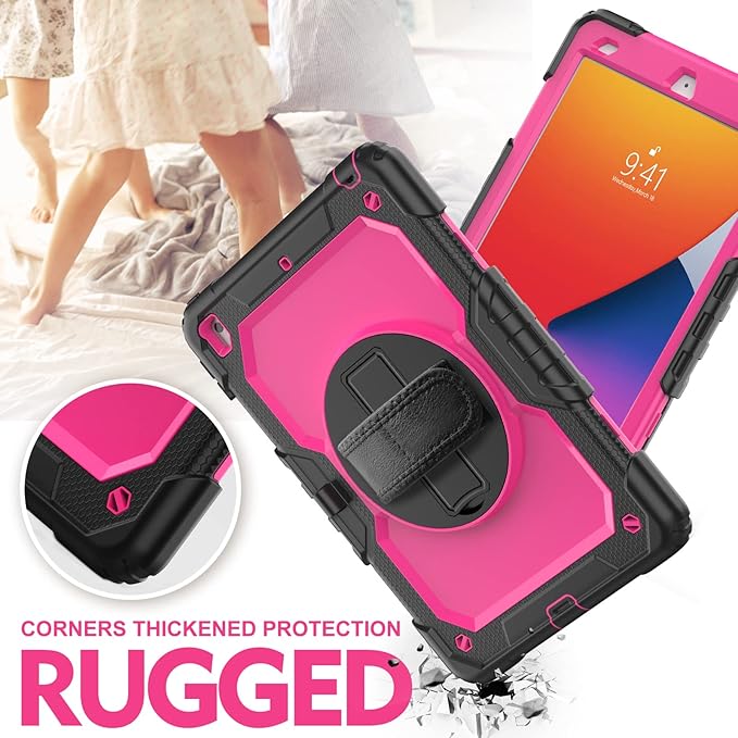 BLOSOMEET Case for iPad 9th Generation 2021 10.2 Inch with Tempered Glass Screen Protector &amp Pencil HolderProtective Kids iPad 7th/8th Gen Cover 2020 2019 w/Stand Hand Shoulder StrapRosered