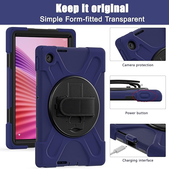 Tablet Case Compatible with Lenovo Tab 10.1(TB-311XU) /K10C TB311FU 2025 Case Protective Heavy Duty Rugged Shockproof Drop Protection Cover Shoulder Strap for Kids Silicone Cover(Dark Blue)