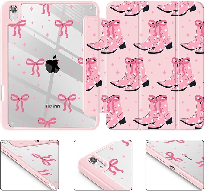 May Chen Slim Case for iPad mini 7 (A17 Pro 7th Generation) 2024 / iPad mini 6 (6th Gen) 8.3 Inch [Built-in Pencil Holder] Shockproof Cover Clear Clear Back Shell Auto Wake/Sleep Pink Boots Bows