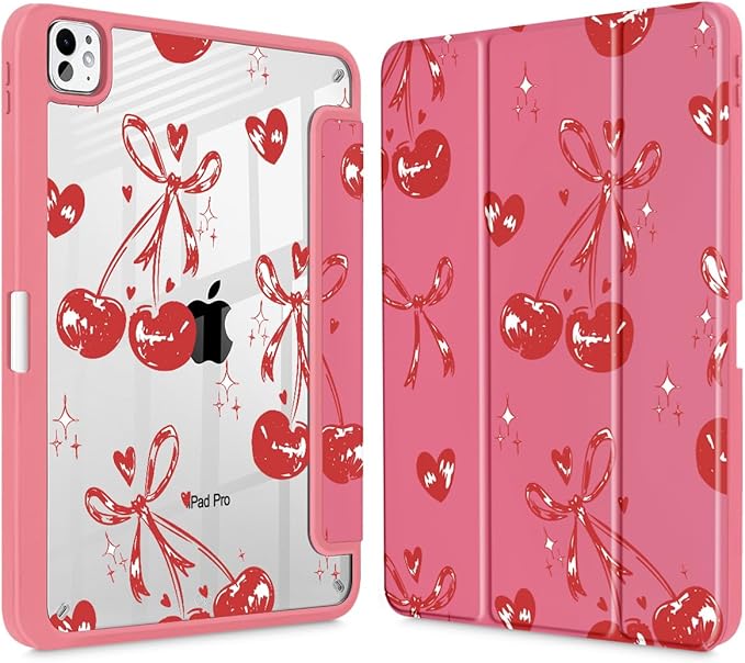 Mektron Case for M5/ M4 iPad Pro 11 inch 2025/2024 with Pencil Holder Compatible Models: A3357/A3358/A3359/A2836/A2837/A3006 Shockproof Cover Clear Shell Cherries Bows C388