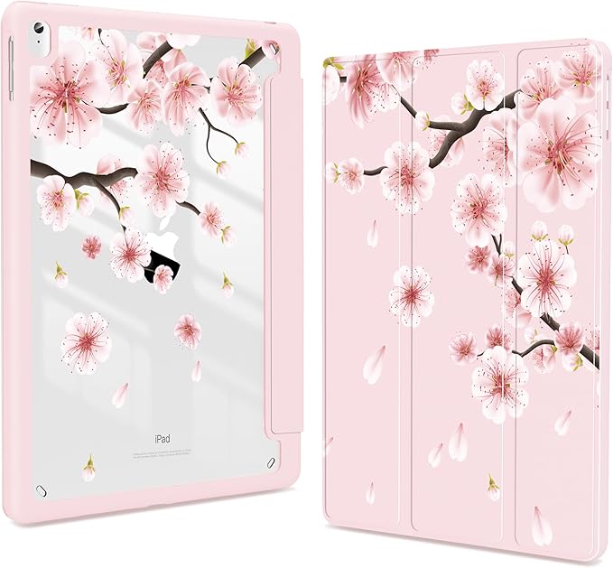 Teryeefi for iPad 10.2 case 9 Generation Built in Pencil Holder - Stand-Auto Wake/Sleep TPU Protection Stand Clear Back Cover for 2021 2020 2019 iPad 7th/8th/9th Case (Cherry Blossoms)