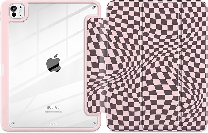 Case for iPad Pro 13 inch (M5) 2025 (M4) 2024 Release with Pencil Holder - Aesthetic Cute Design Trifold Cover with Soft TPU Bumper Clear Back Auto Sleep/Wake for Girls Women Abstract lattice