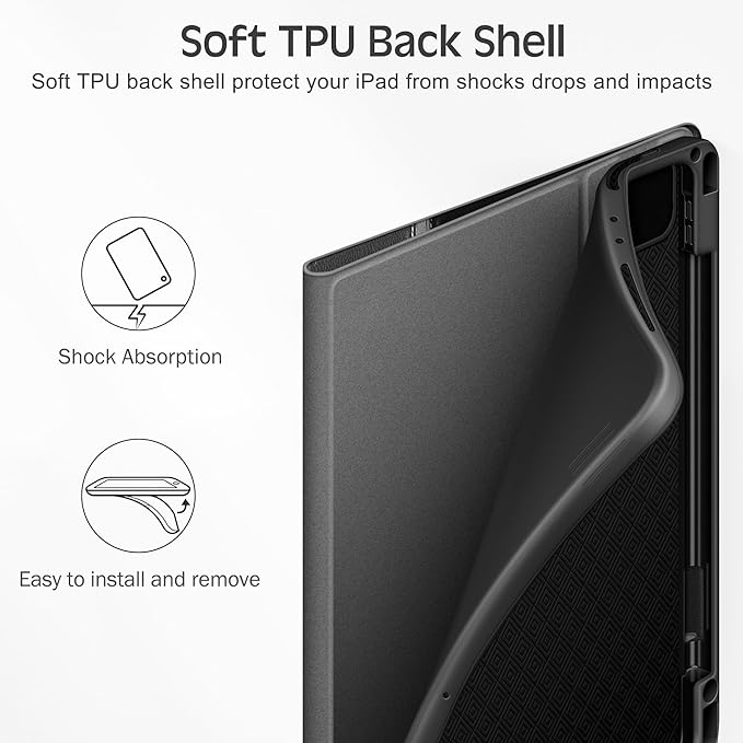 KingBlanc Case for iPad Pro 12.9 6th/5th/4th/3rd Generation 2022/2021/2020/2018 with Pencil Holder Vegan Leather Bicolor Cover Auto Sleep/Wake Support Pencil2 Charging Multi-Angle Viewing Black