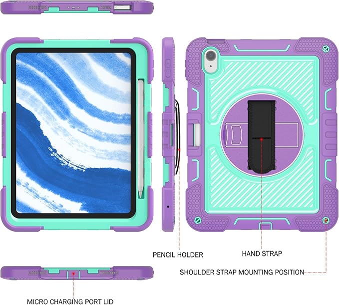 Shockproof Case for iPad Air 4th/5th Generation iPad Air 11 2025 2024 Cover with Shoulder Strap+Pencil Holder Techcircle Heavy Duty Rotating Kickstand Hand Strap Rugged Case Lavender+Aqua