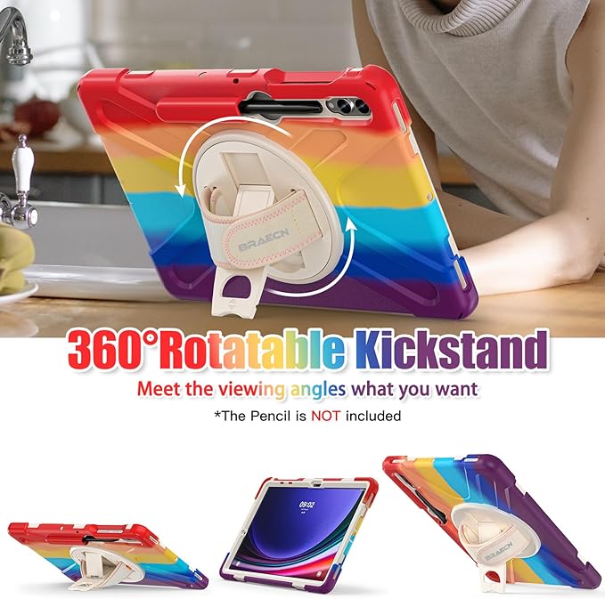BRAECNstock Kids Case for Samsung Galaxy Tab S10+ Plus/ S9 FE+ Plus/ S9+ Plus/ S8+ Plus/ S7 FE/ S7+ Plus 5G 12.4 Shockproof Protective Cover with Pen Holder Rotating Hand Strap &amp Stand - Colorful