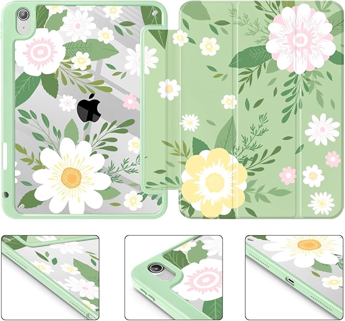 Tuiklol Case for iPad 11 inch (A16 Chip) 2025 Gen 11th / iPad 10.9 inch 2022 10th Gen Buit in Pencil Holder with Shockproof Cover Clear Transparent Back Shell Auto Wake/Sleep Flowers Green