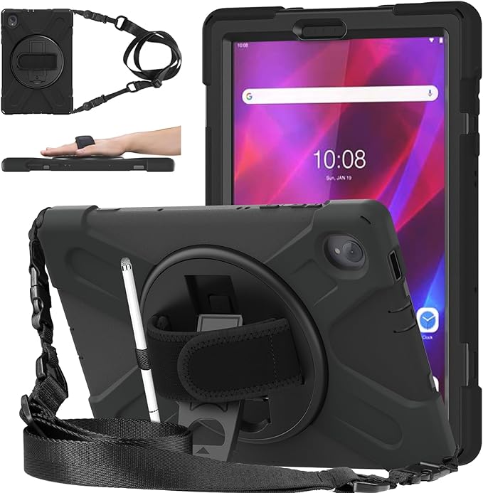 DreamerX Kids Case for Lenovo Tab K10 2021 / M10 FHD Plus 2nd Gen 10.3-inch 2020 Rugged Silicone Case Cover with Stand Hand/Shoulder Strap for 10.3 Tab K10 TB-X6C6L TB-X6C6F M10 Plus TB-X606F Black
