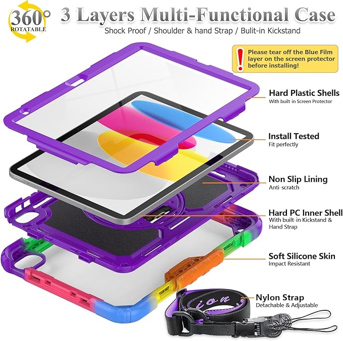 SEYMAC stock Case for iPad (A16) 11th/10th Generation 11''/10.9'' 2025/2022 Full-Body Drop Protection Case with Screen Protector &amp360° Rotate Hand Strap/Stand Purple+Colorful