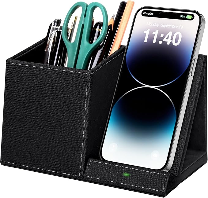 Pen Holder with Wireless Charger Compatible with iPhone 17/16/15/14/13/12/11/8 Series Pencil Holder Phone Stand for Desk Home Office Men Gift Husband Wife Anniversary Dad Birthday Idea Gadget