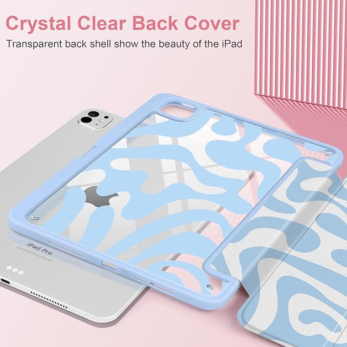 Case for iPad Pro 11 Inch (M5 2025 M4 2024) – [Built-in Pencil Holder] Shockproof &amp Stylish Clear Hard Back + Soft TPU Edge Magnetic Trifold Stand Auto Wake/Sleep Blue Wave