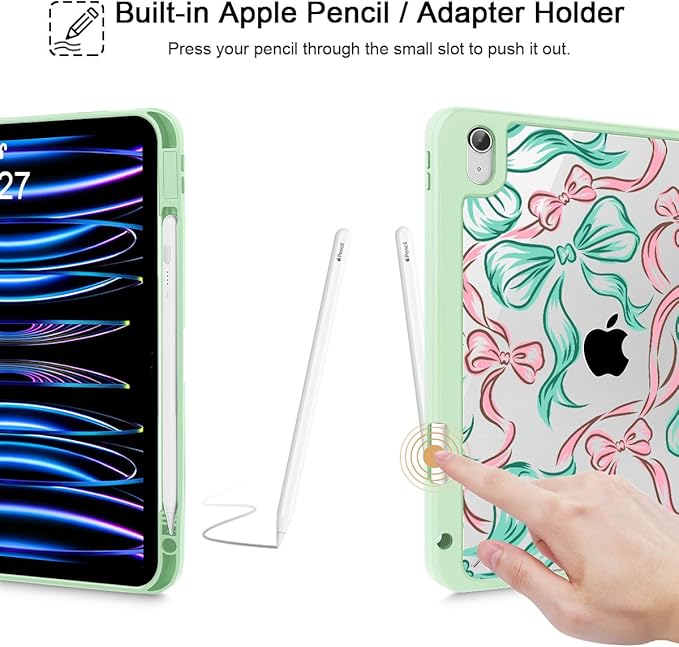 Tuiklol for 2025 iPad (A16 Chip) 11th Generation 11 inch/iPad 10th Generation 10.9 inch 2022 Case Buit in Pencil Holder with Clear Back Shell Cover Trifold Stand Auto Wake/SleepRibbon Bow Green