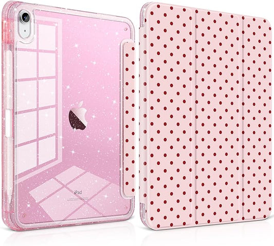TWOLSKOO Sparkly Case for iPad Pro 11 inch (M5 2025 / M4 2024) Glitter Hard Acrylic Back with Pencil Holder Slim Trifold Stand Folio Cover Auto Sleep/Wake Pink Polka Dot