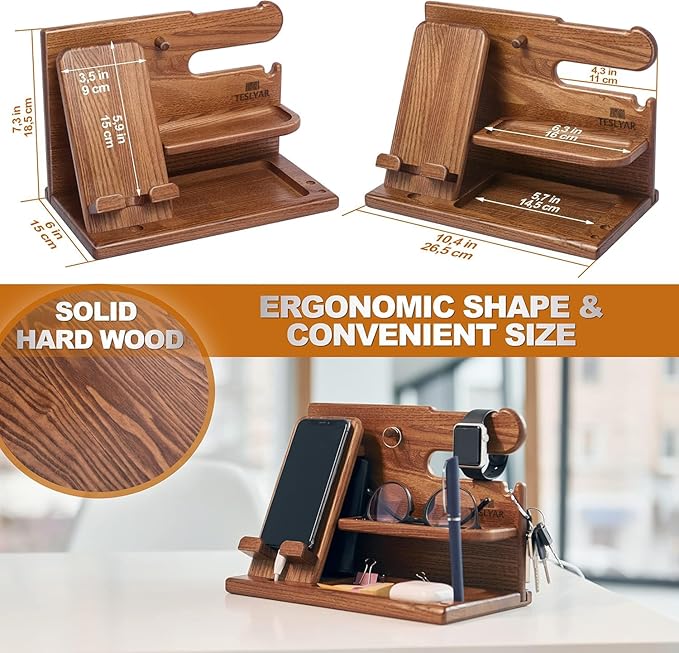 TESLYAR Wood Phone Docking Station for Men - Desk or Nightstand Organizer - Birthday Gifts for Husband or Dad - Anniversary Idea from Wife - Key Holder Stand Wallet Watch &amp Essentials (Earth Bei