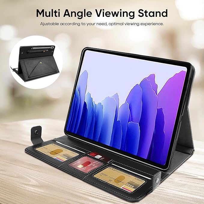Tablet Carrying Shoulder Bag Case for Samsung Galaxy Tab S9 FE/S9/S8/S7 11 Retro PU Leather Hand Strap Crossbody Shoulder Strap Cards Holder Pocket S Pen Holder Stand Protective CaseBlack
