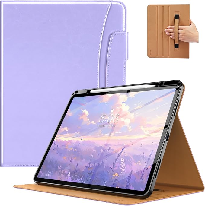 MoKo Case for iPad Air 13-inch (M4) 2026 / (M3) 2025 / (M2) 2024 with Pencil Holder &amp Hand Strap &amp Pocket Premium Leather Folio Stand Cover Multiple Viewing Angles Light Purple