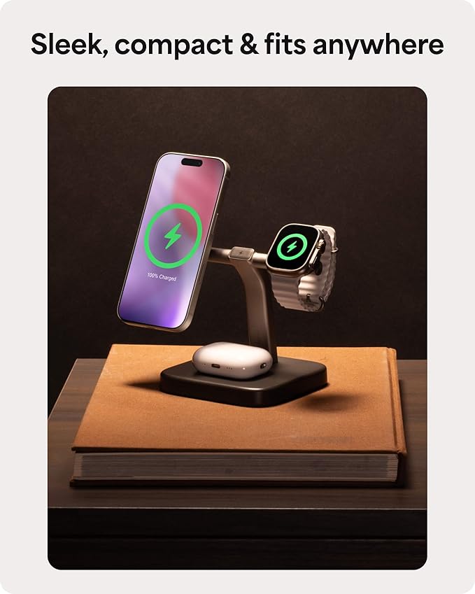 Mophie 3-in-1 Wireless Charging Stand - Qi2-Certified MagSafe Charger for iPhone Apple Watch &amp AirPods – Fast Charging Station with Adjustable Phone Stand &amp Cable Management – Up to 15W Powe
