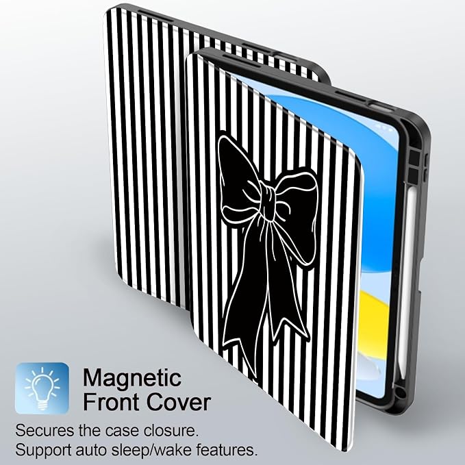 Black White Striped-Black Ribbon Bow