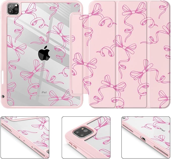 May Chen for iPad Pro 11 inch M2 4th Generation 2022 iPad Pro 11 3rd/2nd/1st Gen Case with Transparent Shockproof Back Cover [Built-in Pencil Holder Auto Sleep/Wake Pink Bows