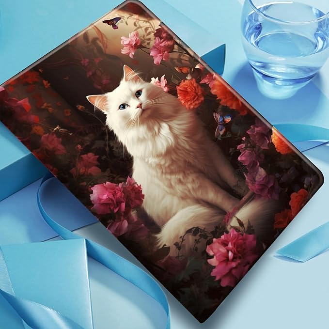 Case for iPad Air 11 (M3 2025 / M2 2024)/ iPad Air 6th/5th/4th Gen Case (2025/2024/2022/2020) 10.9 Inch PU Leather Smart Protective Cover with Auto Sleep/WakeWhite Cat Flower
