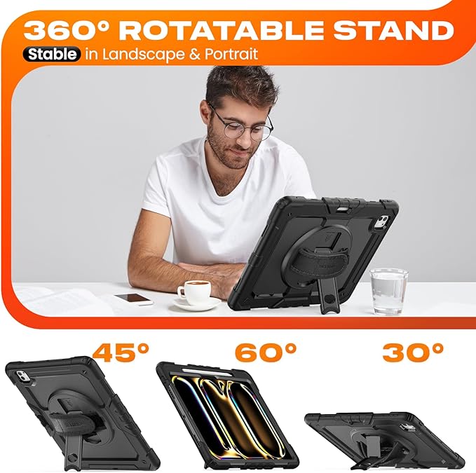 SEYMAC stock Case for iPad Pro 13-inch M5-M4 2025-2024 Shockproof Heavy Duty Case with Screen Protector Pencil Holder Rotating Stand Hand Strap Shoulder Strap Black