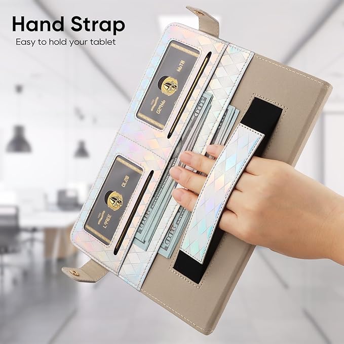 Tablet Carrying Shoulder Bag Case for Samsung Galaxy Tab S10 Lite/ S10 FE/S9 FE/S9/S8/S7 Iridescent Diamond Texture Envelope PU Leather Hand Strap Cards Holder Pocket S Pen Holder CaseSilver