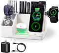White Leather Desk Organizer with Wireless Charger – 3-in-1 Charging Station for Phone Watch &amp Earbuds 4-Compartment Remote &amp Office Supplies Caddy for Home Office Gifts for Women &amp Men
