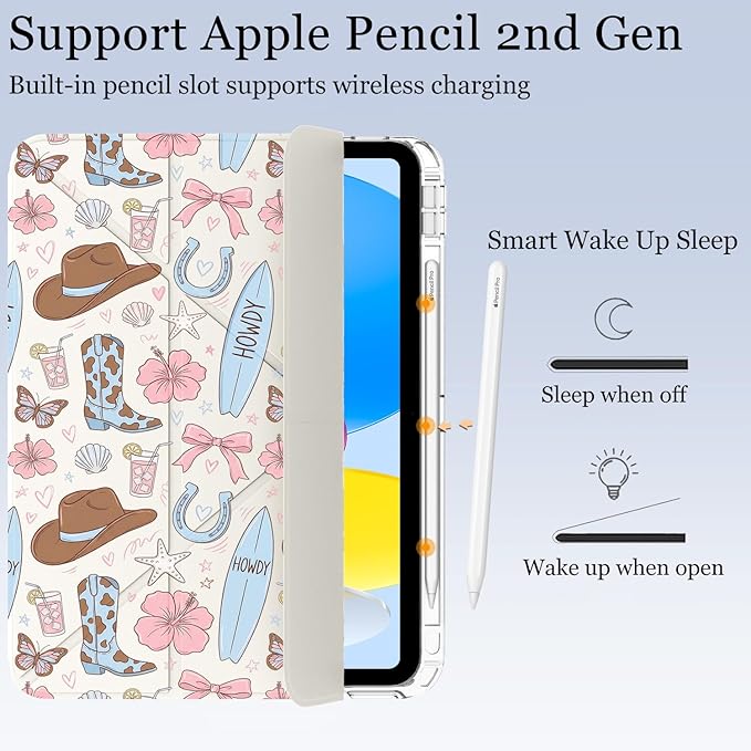 Cute Western Cowboy Flower for iPad Pro 11 Inch Case (M5/M4) 2025/2024 with Pencil Holder Auto Sleep/Wake White Leather Acrylic Back Detachable Cover