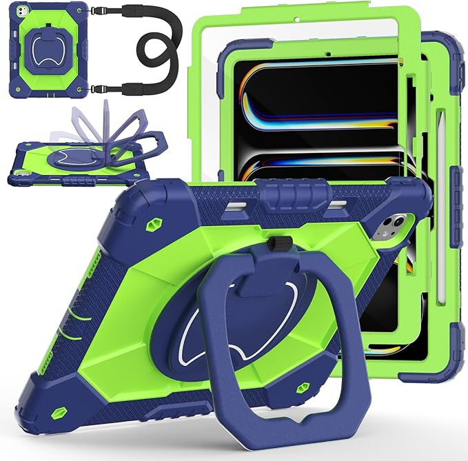 Case for iPad Pro 13 Inch M5 2025 / M4 2024 Auorld for iPad Pro 13 Inch M5 2025 with Screen Protector 360 Degree Rotating Stand Shoulder Strap Pencil Holder Navy Green
