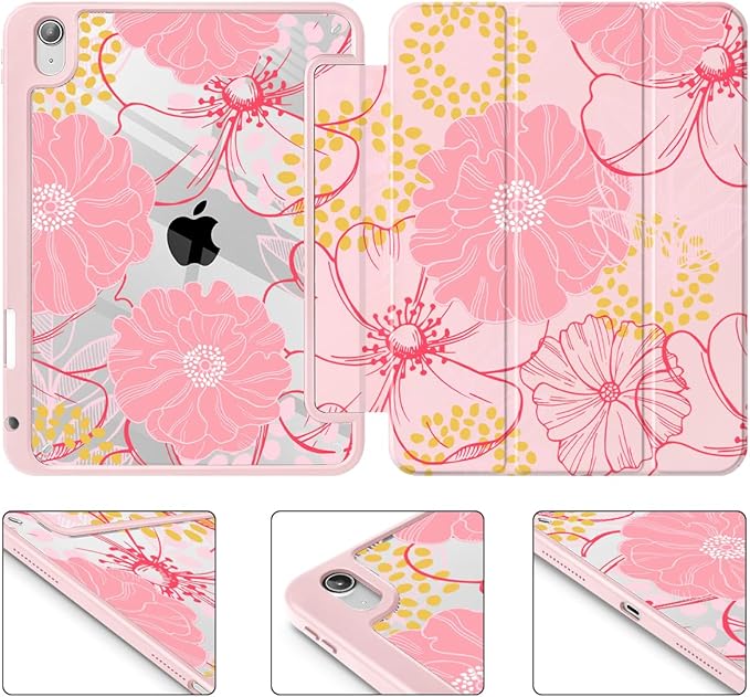 May Chen Case for iPad Air 13 Inch M4 2026 M3 2025 M2 2024 [Built-in Pencil Holder] Shockproof Cover with Clear Transparent Back Shell Auto Sleep/Wake Cover Pink Flowers