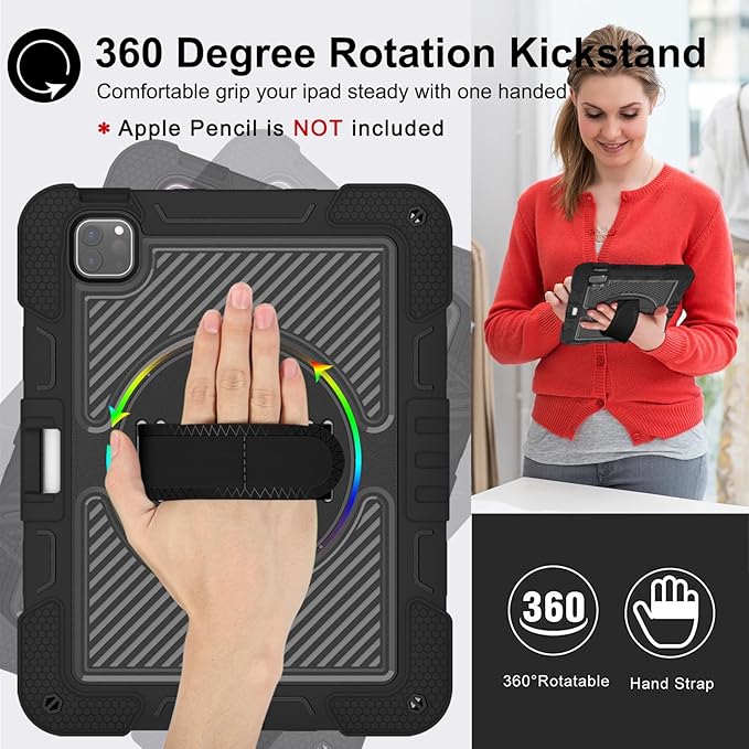 Shockproof Case for iPad Pro 11-inch M5/M4 (2025/2024) Cover with Hand/Shoulder Strap Techcircle Heavy Duty Rotating Kickstand Rugged Defender Protective Case with Pencil Holder Black