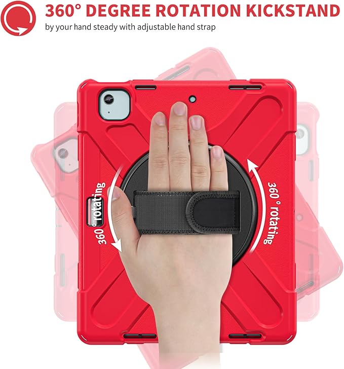 for iPad Air 13-inch M2 (2024) A2898/A2899 for iPad Pro 12.9 Rugged Case Portable Heavy Duty Shock-Proof Armor Cover with Swivel Kickstand/Hand Grip Shoulder Strap Pencil Holder (Red)