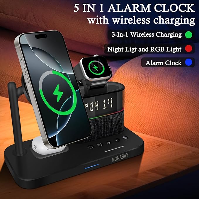 MONASAY Qi2 5 in 1 Wireless Charging Station 23W Wireless Charger with Alarm Clock for Multiple Devices Magnetic Charger Stand for iPhone 17/16/15/14/13 Series and AirPods Apple Watch Series Black