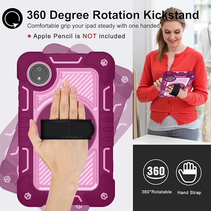Tablet Case for Xiaomi Redmi Pad SE 8.7/Redmi Pad SE 4G in India Tablet Shockproof Cover with 360° Rotating Stand and Wrist Strap Shoulder StrapRed Rose+Pink